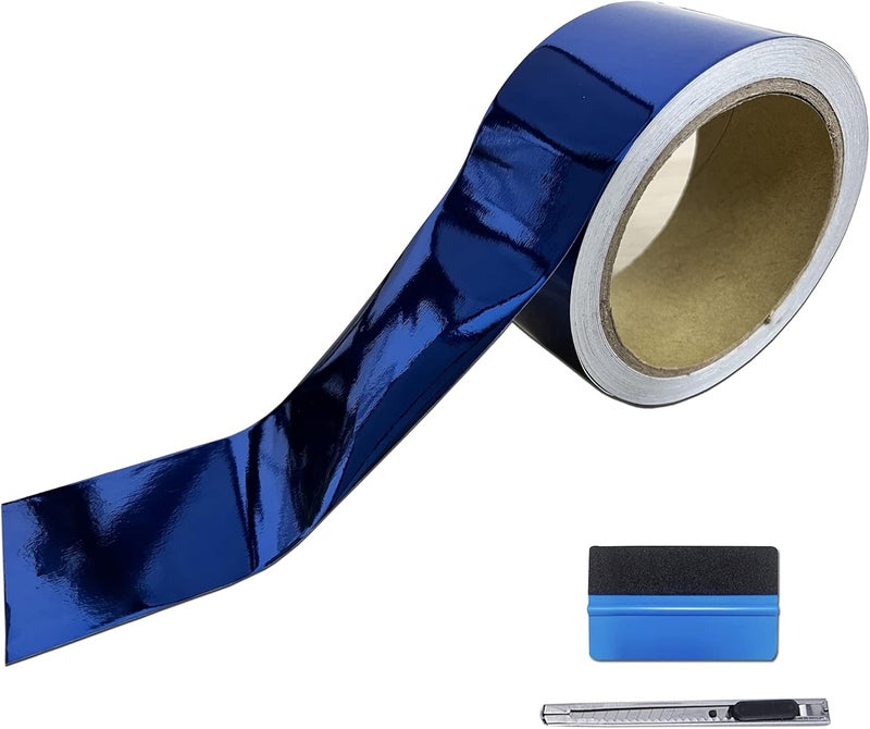 LZLRUN Free Tool Kit Mirror Blue Vinyl Tape for Black Out Chrome Delete Window Trim Door Trim (2Inches x 30Feet) - Image 1